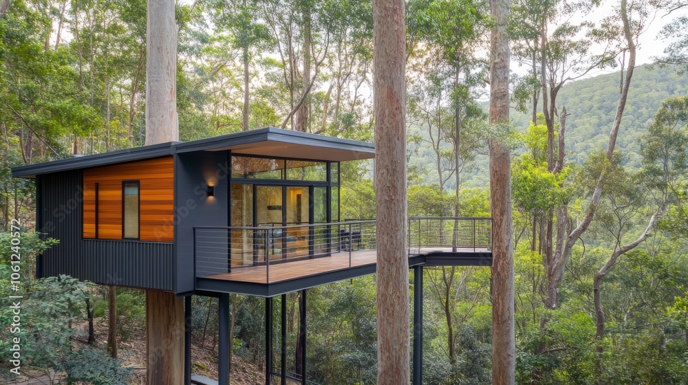 Modern Treehouse Cabin Nestled Amidst Lush Green Forest Modern Treehouse Cabin Nestled Amidst Lush Green Forest