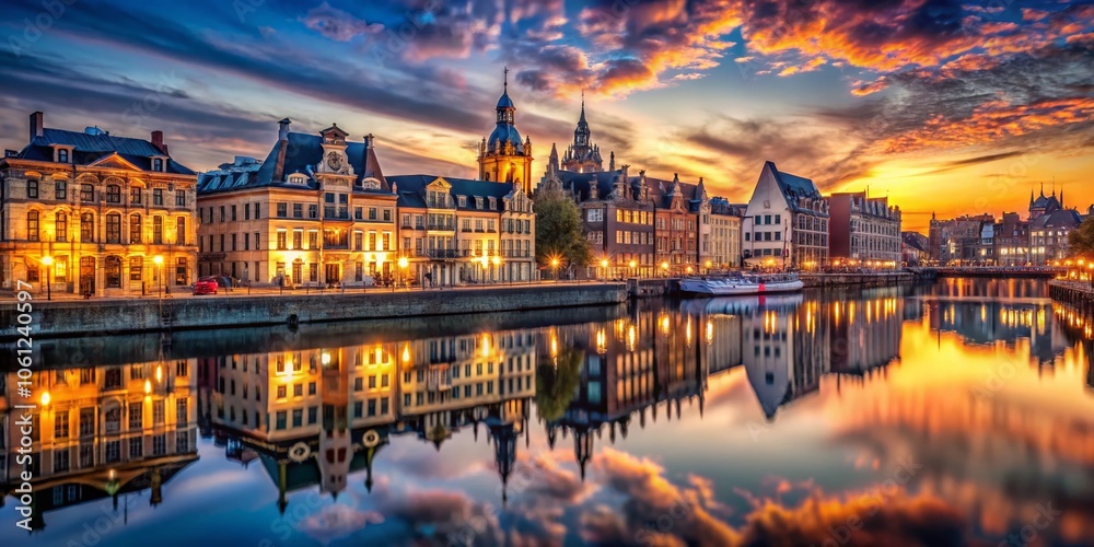 Obraz premium Vintage Twilight Urban Reflection: Scenic Cityscape with Buildings Mirrored in Water at Dusk for Atmospheric Photography
