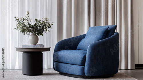 blue armchair and side table in modern interior  living room  with white curtains