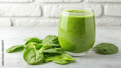 Refreshing Green Smoothie with Fresh Spinach Leaves photo