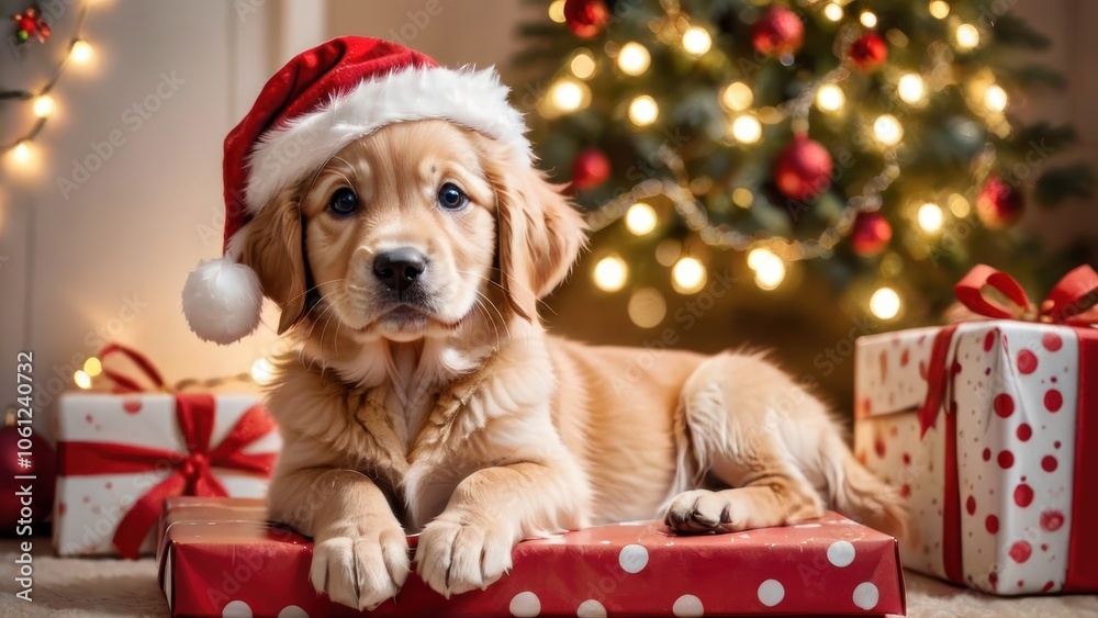 Golden Retriever Puppy in Santa Hat with Christmas Tree and Gifts