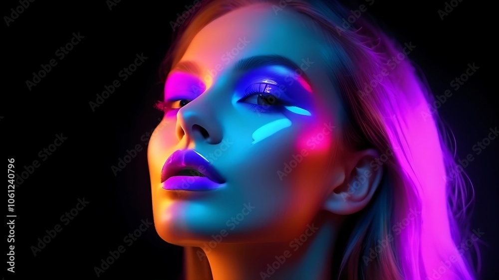 Black background with a woman in fluorescent light Black background with a woman in fluorescent light