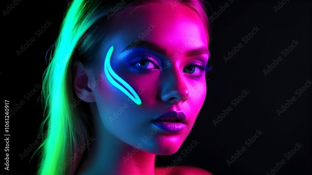 Portrait of a woman with makeup in fluorescent light. Portrait of a woman with makeup in fluorescent light.