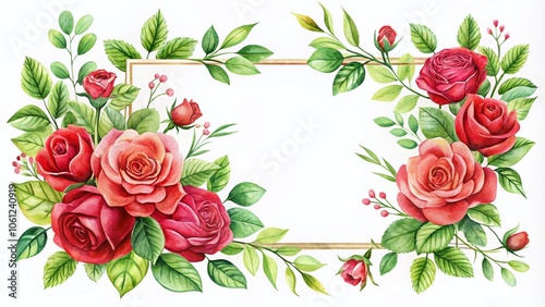 Watercolor Framepostcard with Red Roses and Leaves for Elegant Inscription, Floral Decoration, and Artistic Background, Perfect for Personal Messages or Invitations