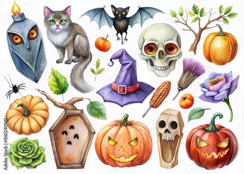 Watercolor Halloween Labels Set with Cat, Pumpkin, Coffin, Bat, Tree, Skull, Crow, and Eye - Hand-Painted Holiday Illustration for Design and Print photo