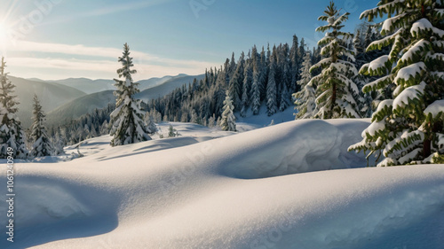 Snowy pines providing shelter for woodland creatures, with deer cautiously peeking through the trees, adding life to the wintry setting. photo