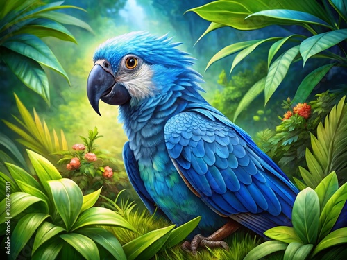 Watercolor Illustration of Spix Macaw: Captivating Drone Photography of the Little Blue Macaw in its Natural Habitat, Showcasing Vibrant Colors and Unique Features of Cyanopsitta spixii photo