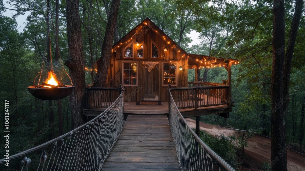 A Wooden Treehouse with a Rope Bridge and Firepit A Wooden Treehouse with a Rope Bridge and Firepit