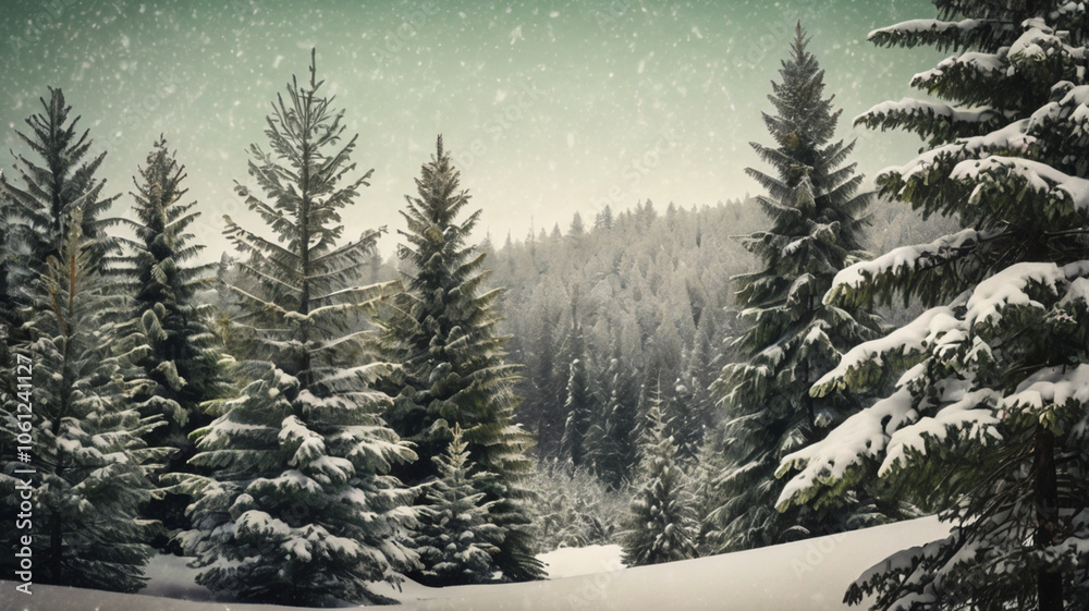 Fototapeta premium snow-covered pine trees create a serene landscape, with soft snowflakes gently falling, wrapping the forest in a peaceful hush.