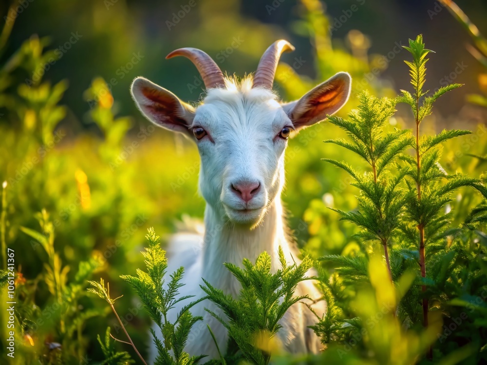 Obraz premium White Goat Camouflaged in Nature's Weeds - Captivating Candid Photography of a Goat in its Natural Habitat, Perfect for Nature Lovers and Wildlife Enthusiasts