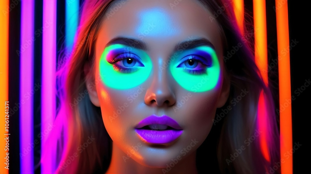 Portrait of a woman in fluorescent light on black. Portrait of a woman in fluorescent light on black.