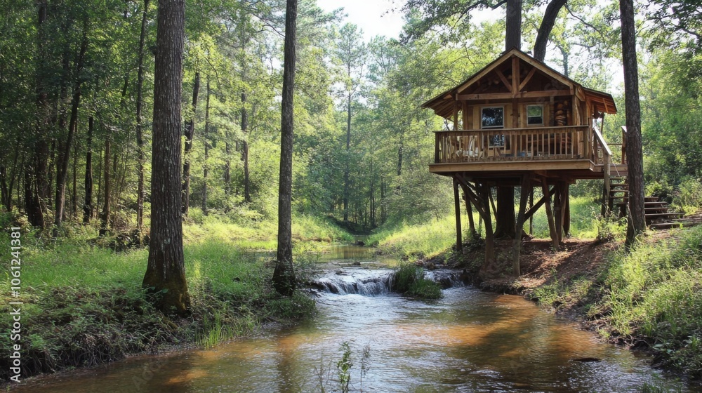 Wooden Treehouse Overlooking a Creek in a Lush Green Forest Wooden Treehouse Overlooking a Creek in a Lush Green Forest