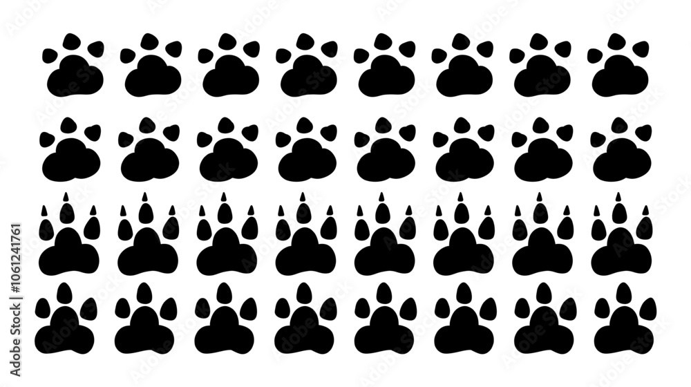 Cat or dog paws seamless divider. Cute animal border. Collection pets footprints frame. Black silhouette simple foot trail print set. Cartoon flat doodle hand drawn vector illustration isolated 