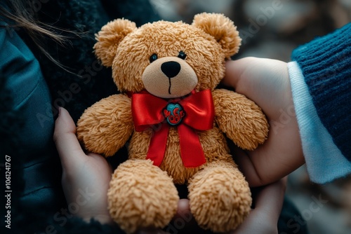 Child's hand squeezing a plush toy tightly, capturing the comfort and innocence of holding onto something soft, symbolizing warmth and security