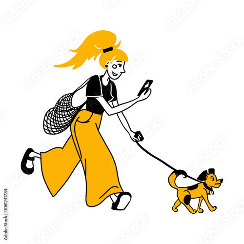 Girl runs holding smartphone, empty shopping bag, dog leash. Woman shopping and walking with her pet. Lady makes online order in store. Cartoon hand drawn flat vector illustration isolated