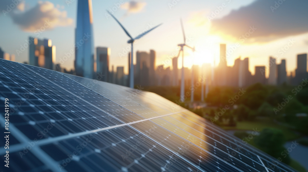 Obraz premium stunning urban skyline featuring solar panels in foreground, with wind turbines and vibrant sunset illuminating cityscape. This captures essence of renewable energy and sustainable living