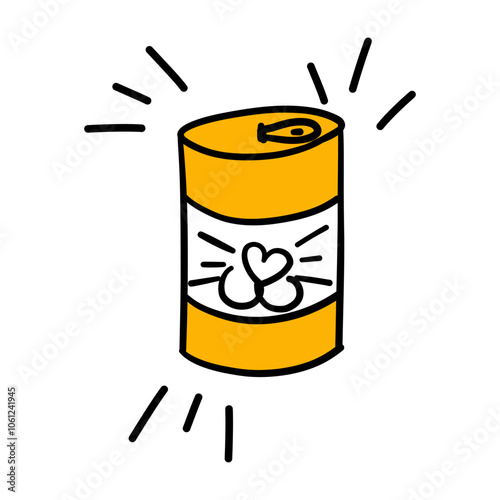 Canned cat food. Can goods for pet. Home animals wet meal. Feline conserve cans. Kitten snack packaging. Hand drawing cartoon line flat vector illustration isolated on white