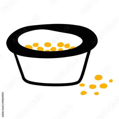 Cat or dog food in plate. Doodle bowl with wet, dry snack for pet. Round feeder for home animals. Canine, feline conserve can food. Hand drawing cartoon line flat vector illustration isolated on white
