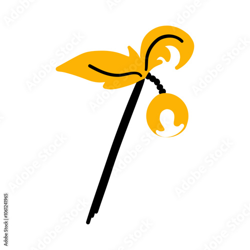 Toy for cat. Stick with feather and fluffy ball on string for domestic animal. Funny playing toy for kitten. Wand teaser or fishing rod. Pet shop item. Hand drawn cartoon line flat vector illustration