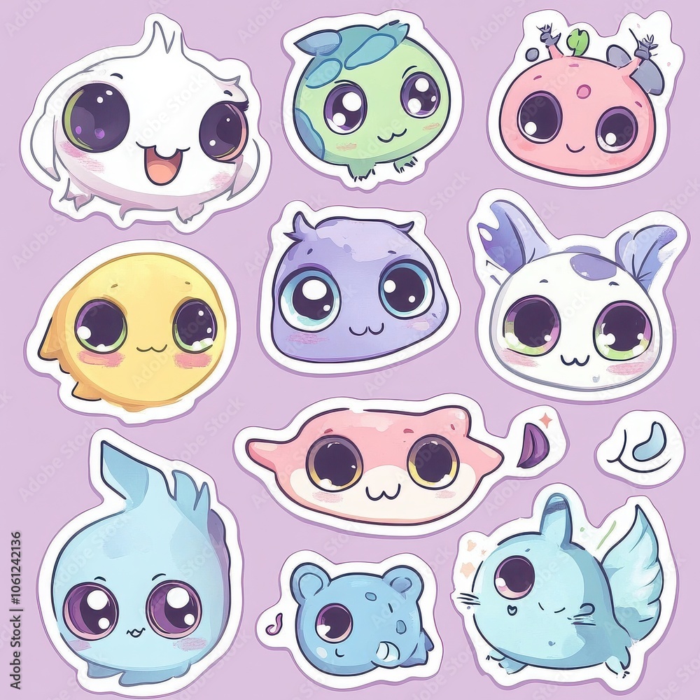 Fototapeta premium Adorable Kawaii Creatures Stickers Sheet: A collection of twelve charming, big-eyed kawaii characters, perfect for scrapbooking, journaling, or adding a touch of whimsy to any project.
