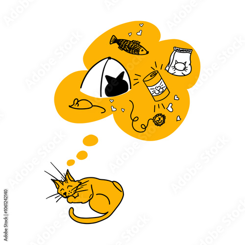 Cat sleeps and dreams of toys and food. Pets dry and canned food. House for animal. Cat accessories. Fish, mouse, ball on ribbon. Cartoon hand drawn doodle vector illustration isolated on white