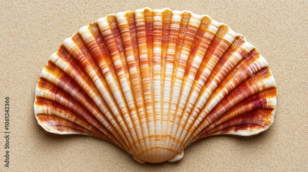 Close-up of a Scallop Shell with Red and White Stripes on Sandy Background Close-up of a Scallop Shell with Red and White Stripes on Sandy Background