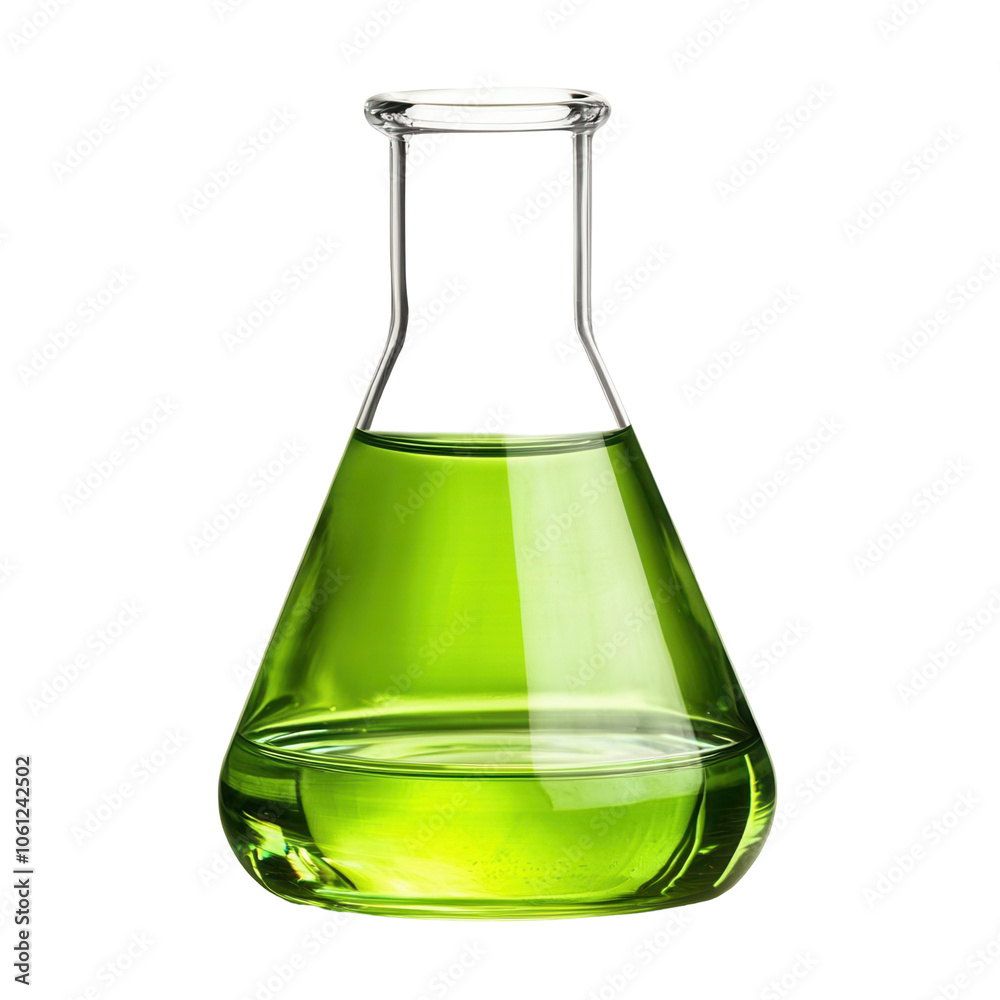 Scientific beaker with green solution, single object isolated on solid white background, , transparent background