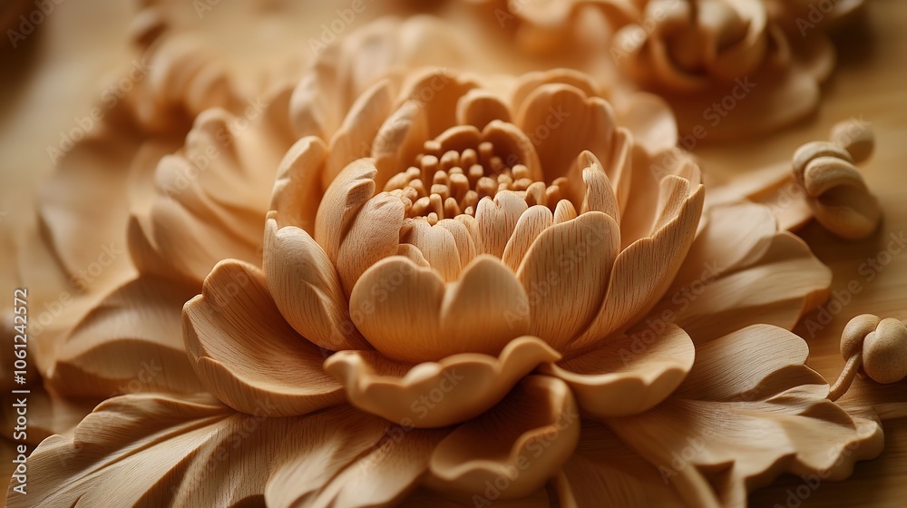 A beautifully intricate wood carving featuring peony and lotus flowers, radiating an Eastern classic elegance. This exquisite artwork showcases the delicate details of the flowers A beautifully intricate wood carving featuring peony and lotus flowers, radiating an Eastern classic elegance. This exquisite artwork showcases the delicate details of the flowers