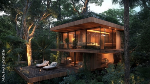 A Modern Treehouse with a Deck and Loungers Nestled in a Lush Forest