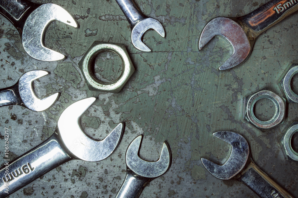 Wrench. Metal background with scratches. Garage service. Tools for repair. Free space for inscriptions.