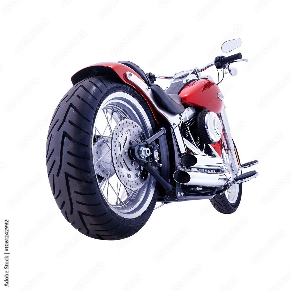 Red motorcycle with large tire, white isolated background Red motorcycle with large tire, white isolated background