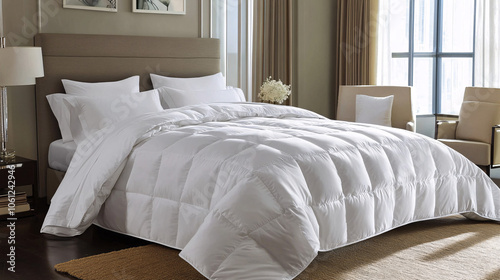 white down comforter on luxurious bed in modern bedroom photo