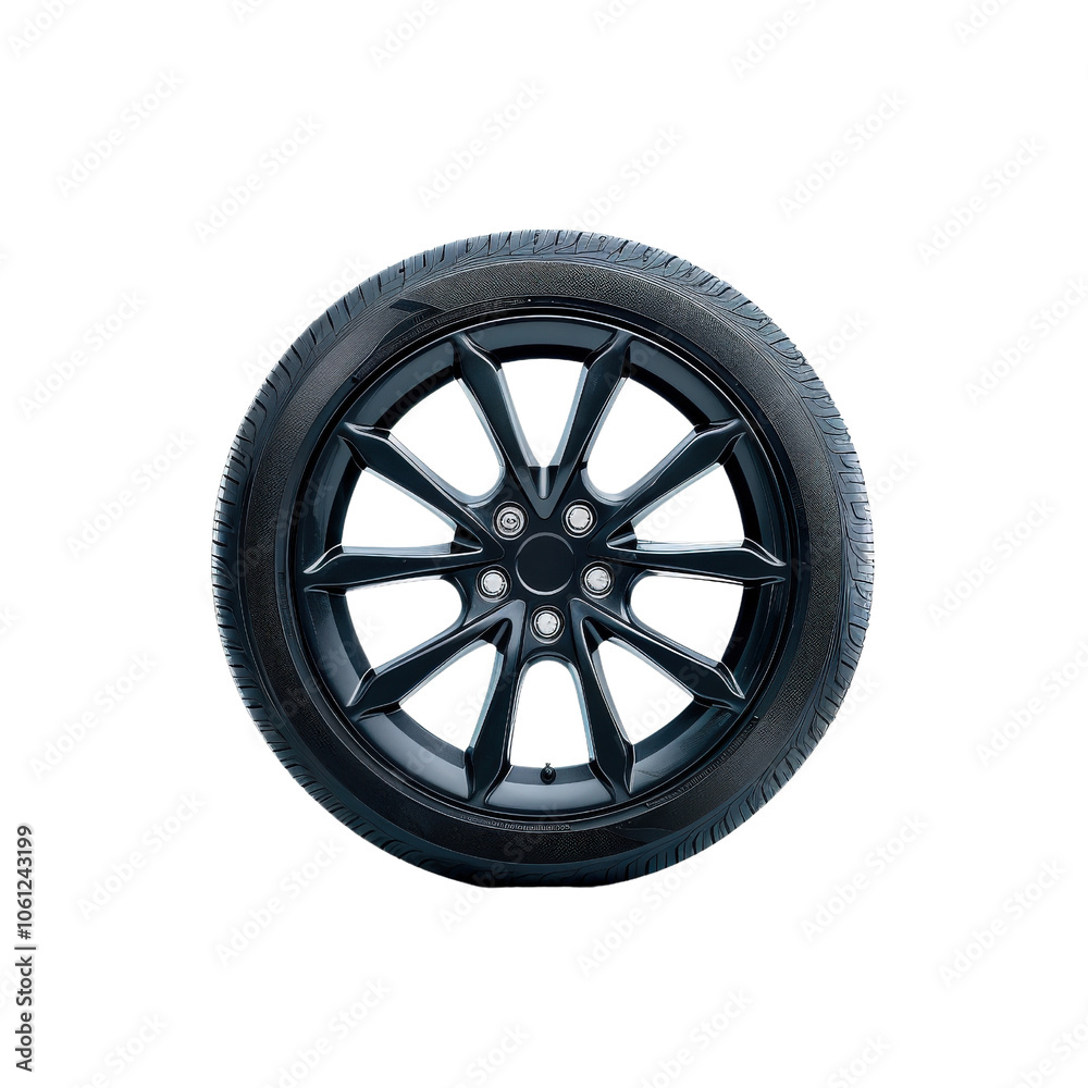 Sleek black alloy wheel on a white isolated background Sleek black alloy wheel on a white isolated background