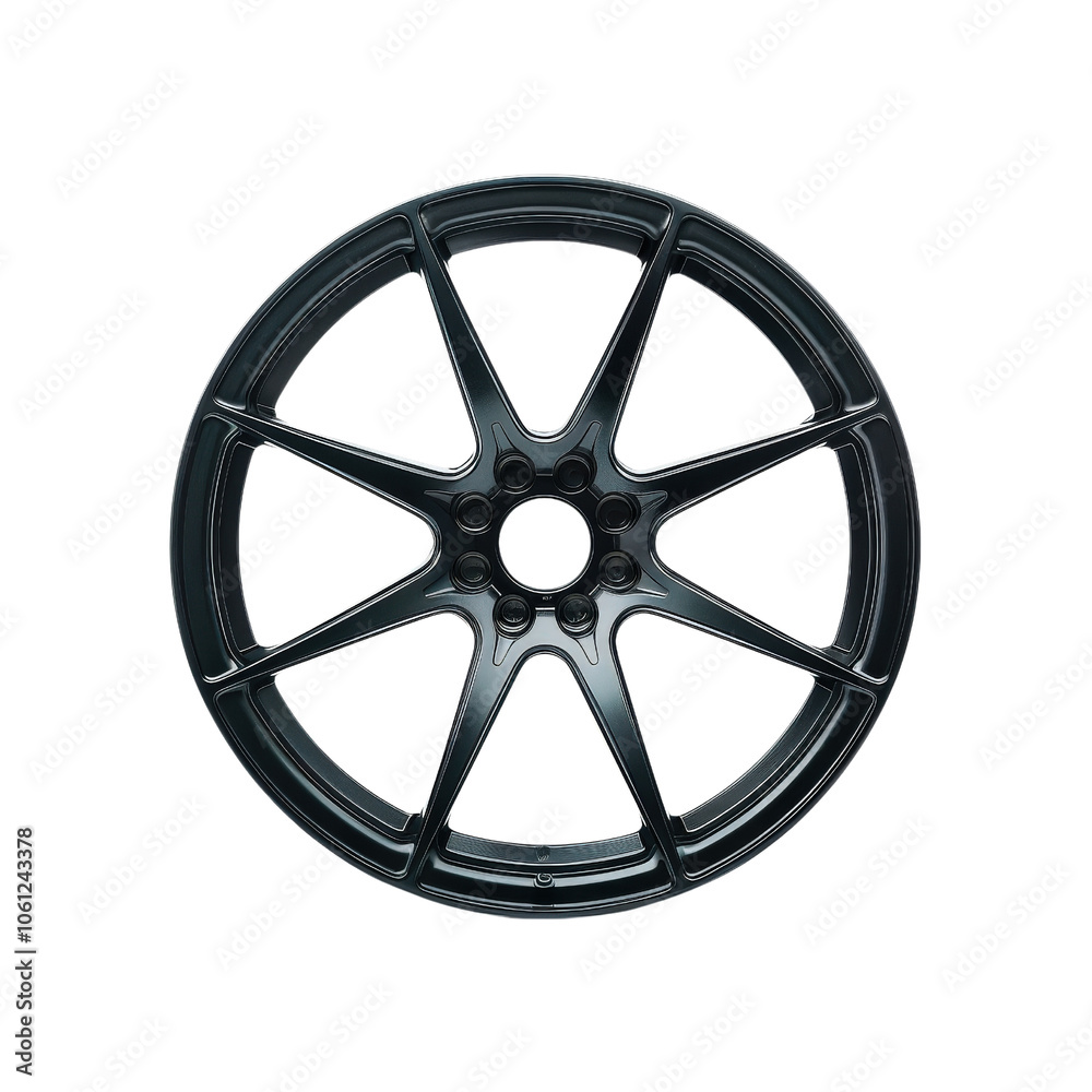 Sporty black alloy wheel with a sleek design, white isolate background. Sporty black alloy wheel with a sleek design, white isolate background.