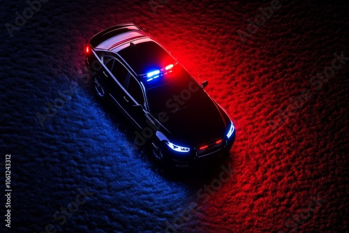 Flat 2D depiction of a police car with red and blue lights, capturing the accessible and structured look of law enforcement vehicles, symbolizing clarity and order photo