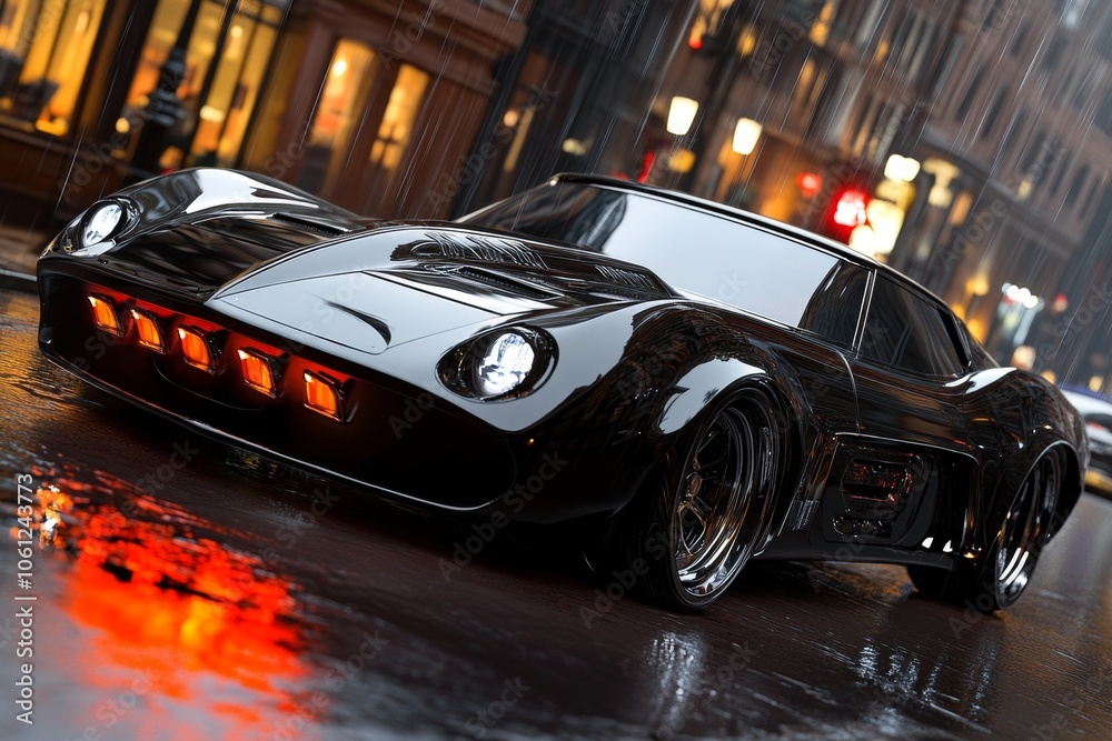 Fototapeta premium Gothic-inspired squad car with ornate detailing and dark flashing lights in a dimly lit city street, capturing the haunting and intense presence of law enforcement, symbolizing mystery and authority