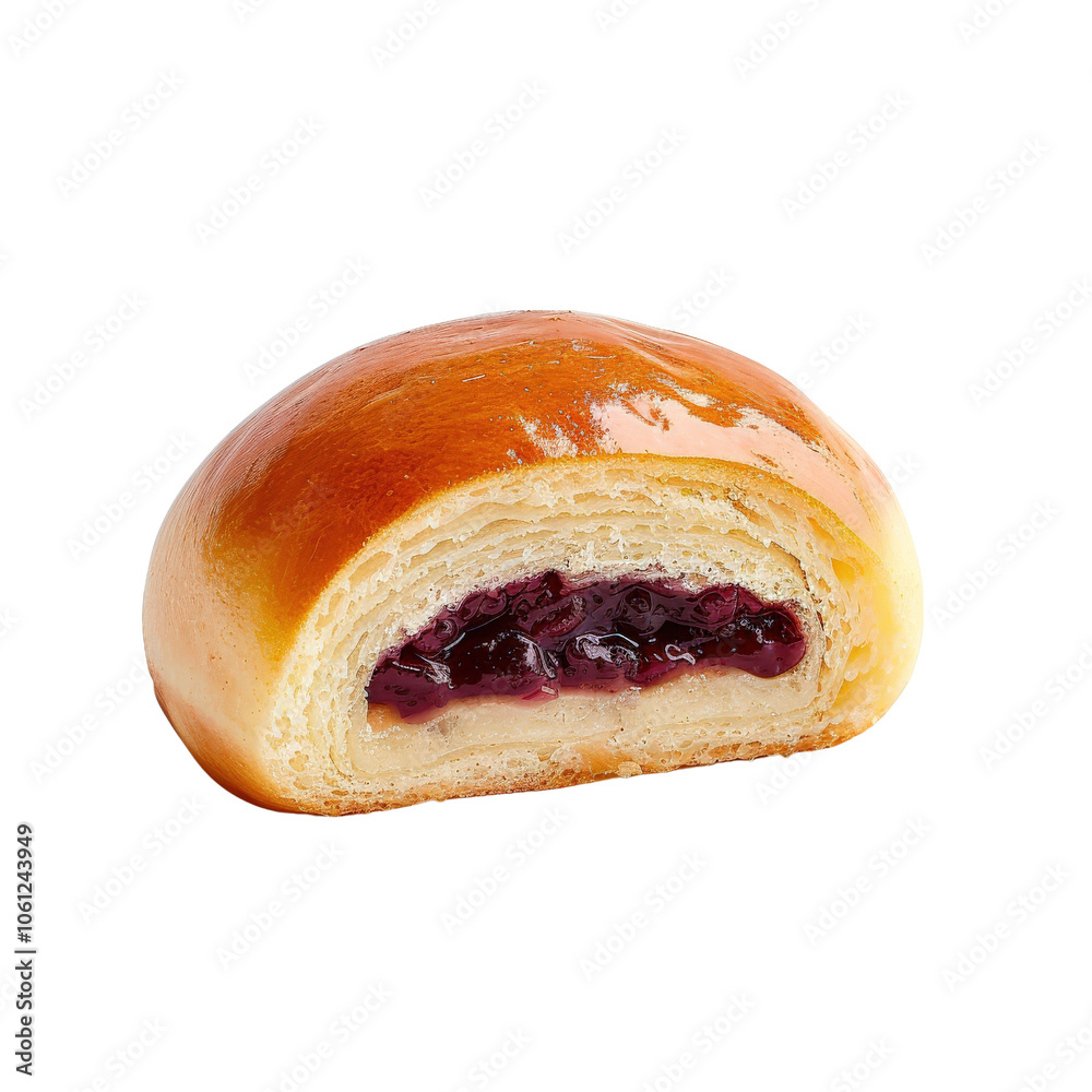 Sweet pastry roll filled with berry jam, white isolate background Sweet pastry roll filled with berry jam, white isolate background