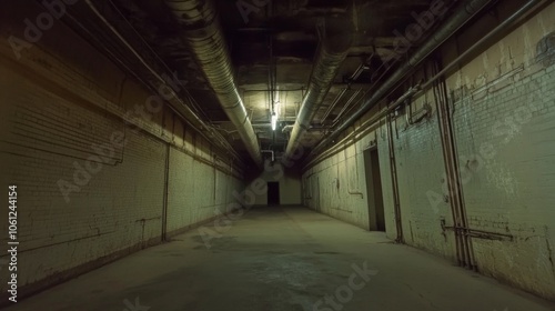 A dimly lit corridor with exposed pipes and brick walls.