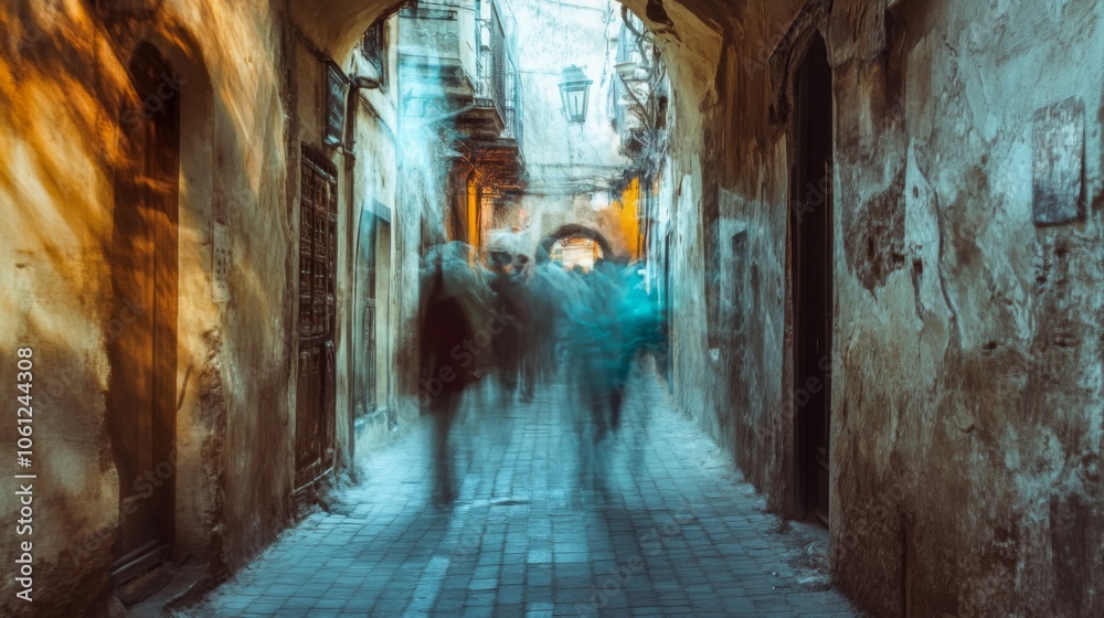 Fototapeta premium A Blurred Perspective of People Walking Through an Old City Alleyway