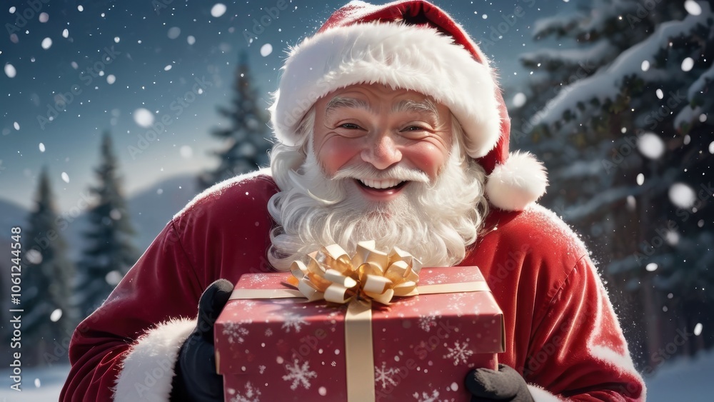 Smiling Santa Claus Holding Christmas Gift in Snowy Forest