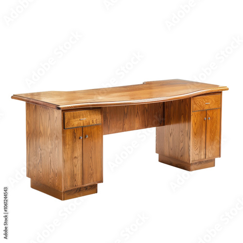 Wooden office desk with two storage cabinets, isolated background.