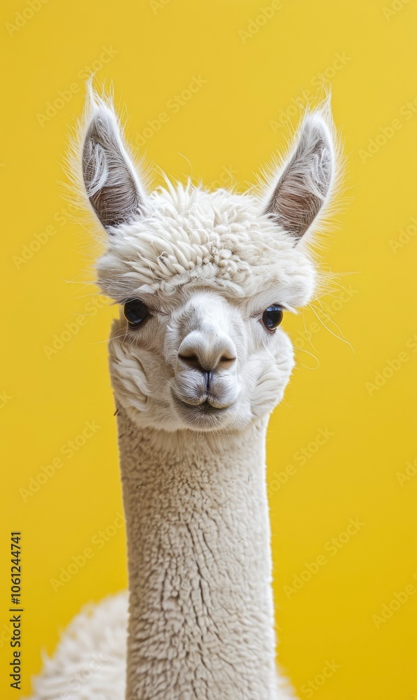 Naklejka premium A close-up artistic portrait of a white llama with a yellow background. Generate AI