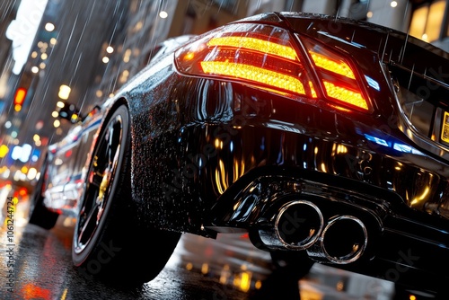 Hyper-realistic close-up of a squad carâ€™s flashing lights with reflections on a rainy street, capturing the intense and authentic presence of police patrols, symbolizing realism and authority