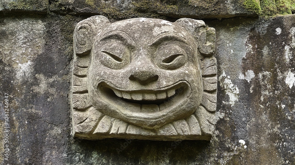 Smiling stone lion sculpture, exuding a sense of joy and warmth with its charming expression. This intricately carved piece showcases detailed features, including a flowing mane and bright eyes, 