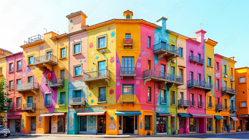 Fototapeta premium A Brightly Colored Building Showcasing Artistic Patterns, Celebrating Creativity and Imagination in Urban Architecture