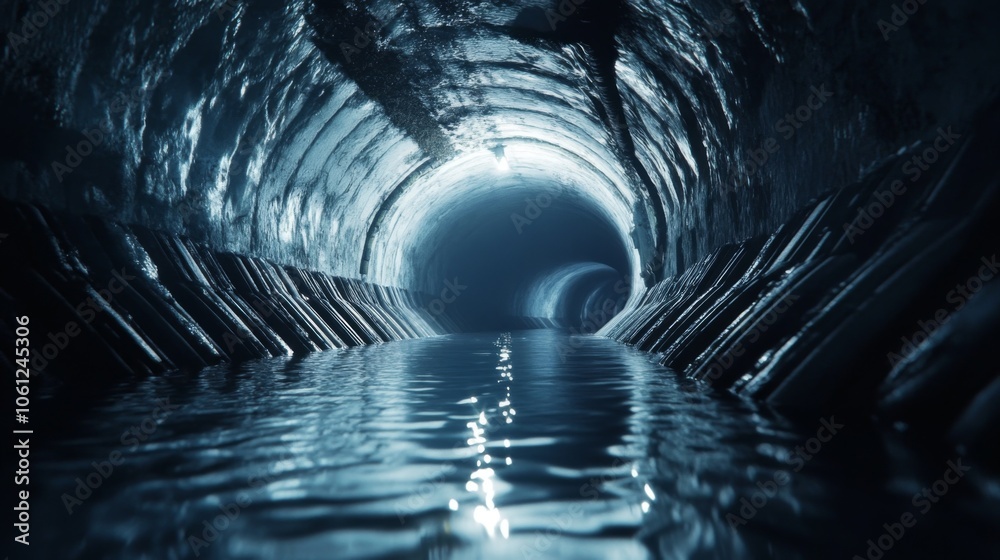 Fototapeta premium A dark, concrete tunnel with a water channel at the bottom.