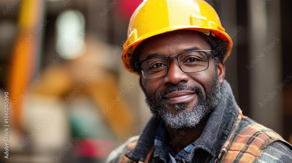 Experienced construction worker wearing hard hat and glasses, smiling confidently. His rugged appearance reflects dedication and hard work in construction industry Experienced construction worker wearing hard hat and glasses, smiling confidently. His rugged appearance reflects dedication and hard work in construction industry