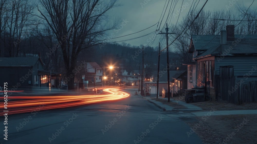 A Quiet Street at Dusk with Light Trails from a Passing Car A Quiet Street at Dusk with Light Trails from a Passing Car