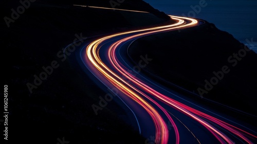 A Long Exposure of a Winding Road at Night with Blurry Light Trails photo