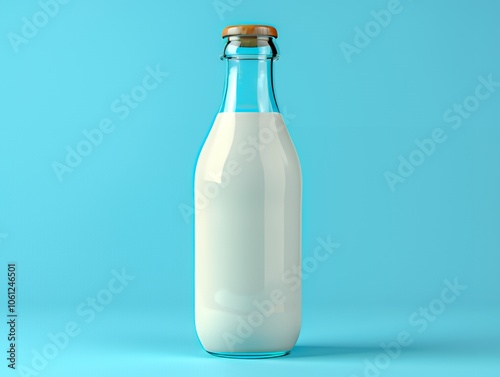 A glass bottle of milk on a blue background. (2)